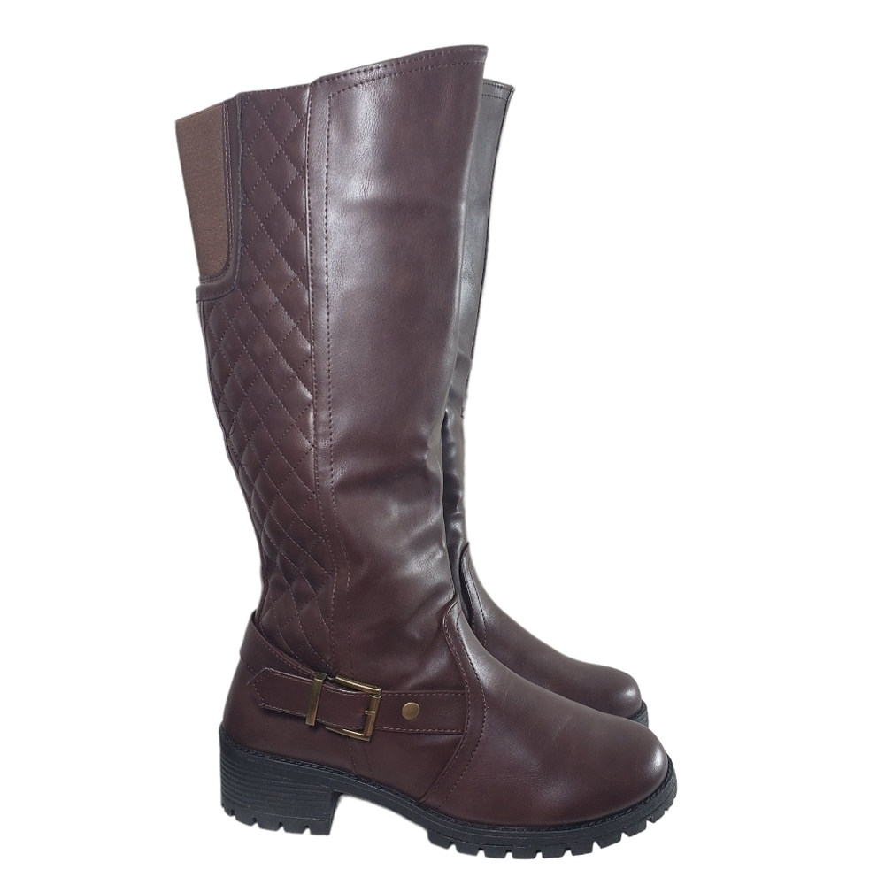 Olivia Miller Brown Pull-On Quilted Block Heel Closed Toe Boots Sz 9